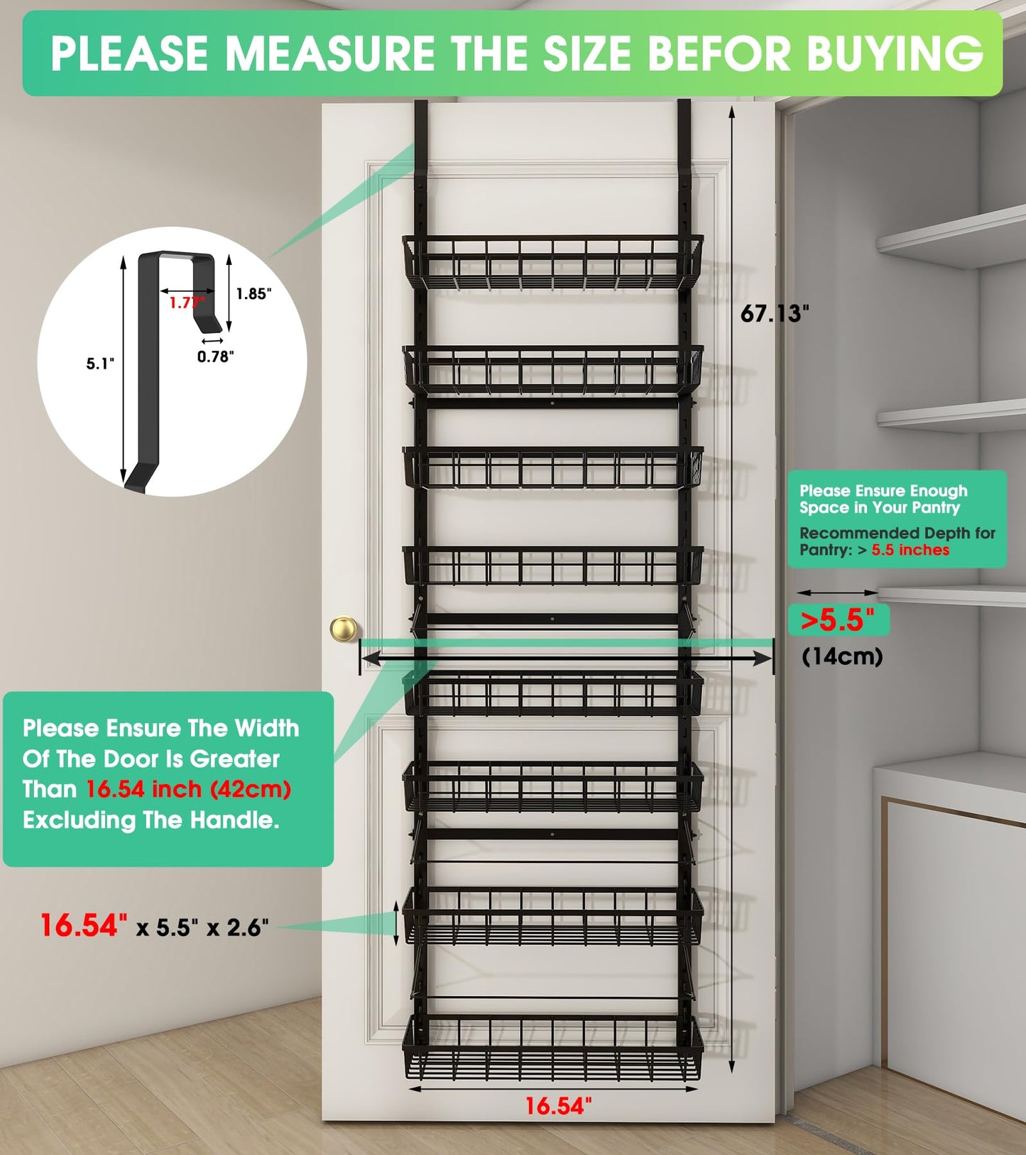 Mefirt Over The Door Pantry Organizer, Wall Mount Spice Rack, Pantry Hanging Storage and Organization, 8 Adjustable Baskets Heavy-Duty Metal for Home & Kitchen, Back of Door Seasoning Rack - Black