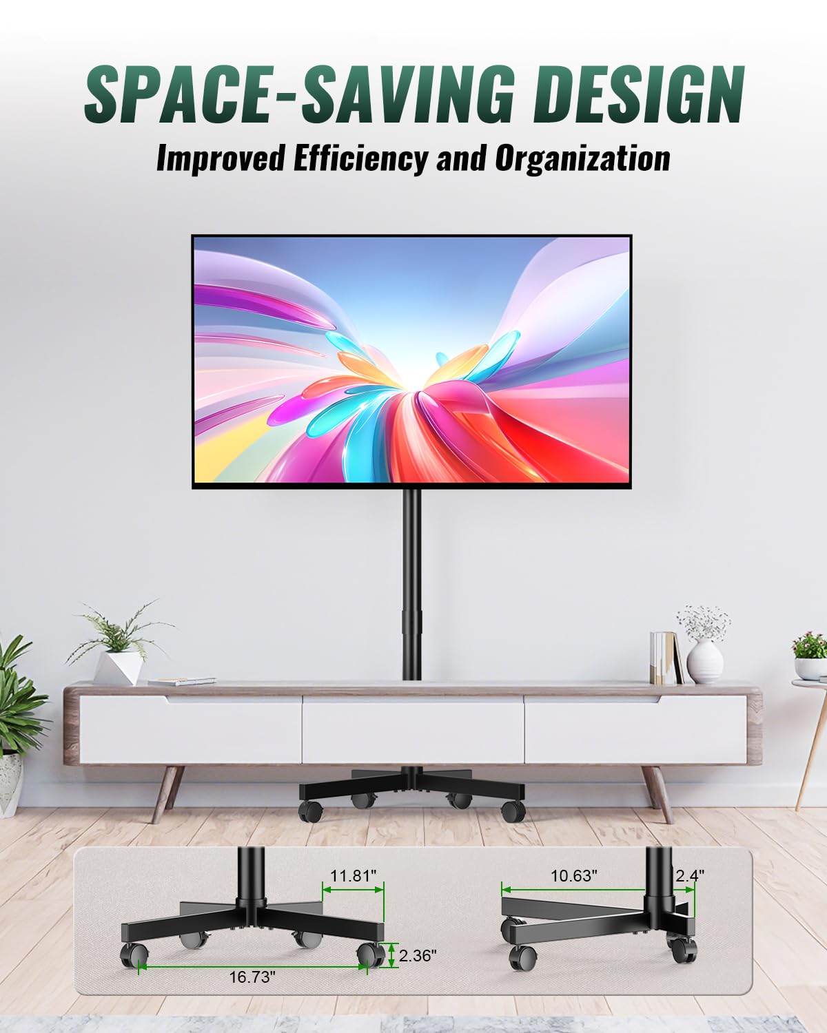 Zontera Mobile Rolling TV Stand on Wheels, Mobile TV Stand for 23-60 Inch LCD LED Flat Panel Curved Screen TVs, Tilt and Height Adjustable Portable TV Cart up to 88lbs, Max VESA 400x400mm, Black