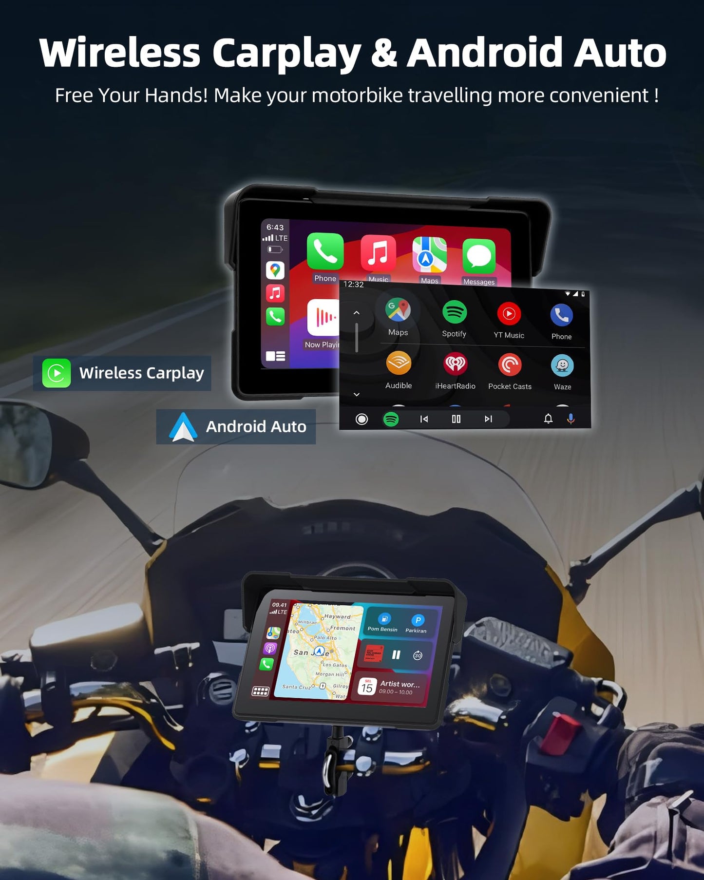 7 inch Motorcycle CarPlay Motorcycle w Dual 2K Dash Cam Wireless Carplay Android Auto Screen for Moto with GPS Navigation for Motorbike Voice Control Light Sensor Bluetooth TF-64G Waterproof