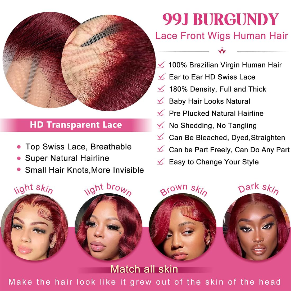 OLFORY Burgundy Lace Front Wigs Human Hair Wigs for Black Women 13x4 HD Transparent Lace Frontal Wigs Pre Plucked 200% Density 99j Loose Deep Wave Wigs Red Wine Brazilian Virgin Glueless Wig 24 Inch