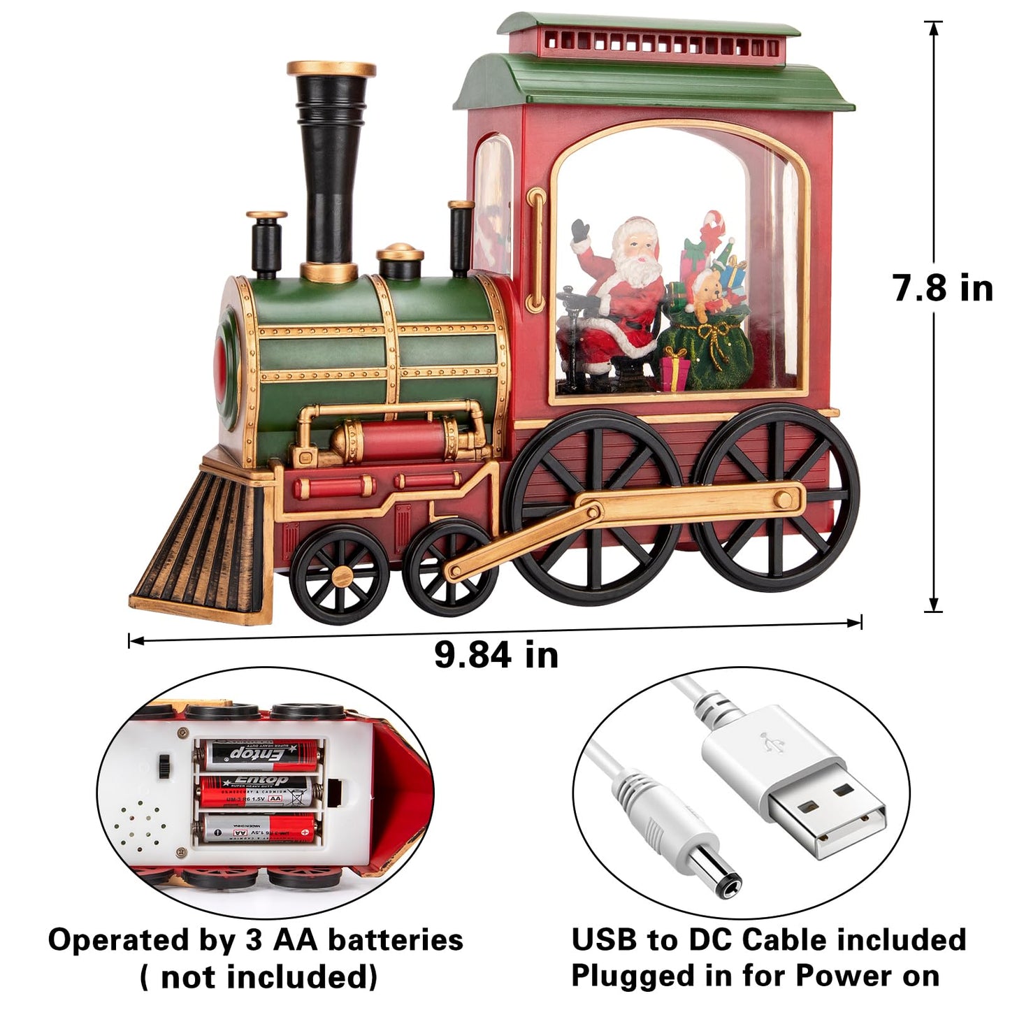 Christmas Train Snow Globe with Music and Lights, Musical Snow Globe Lantern for Holiday Decor, Battery/USB Powered with Auto Timer for Home Holiday Decoration Gift