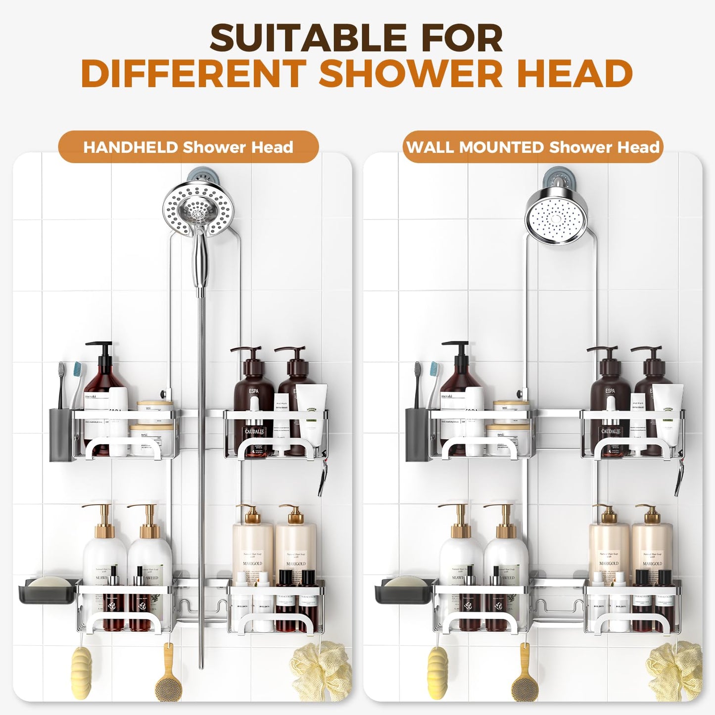 REINHARDT Adjustable Shower Caddy Hanging Split Shower Caddy for Handheld Showerheads, Rustproof Shower Organizer with Hooks for Razor Over the Head Caddy with Soap Holder Bathroom Accessories, Silver