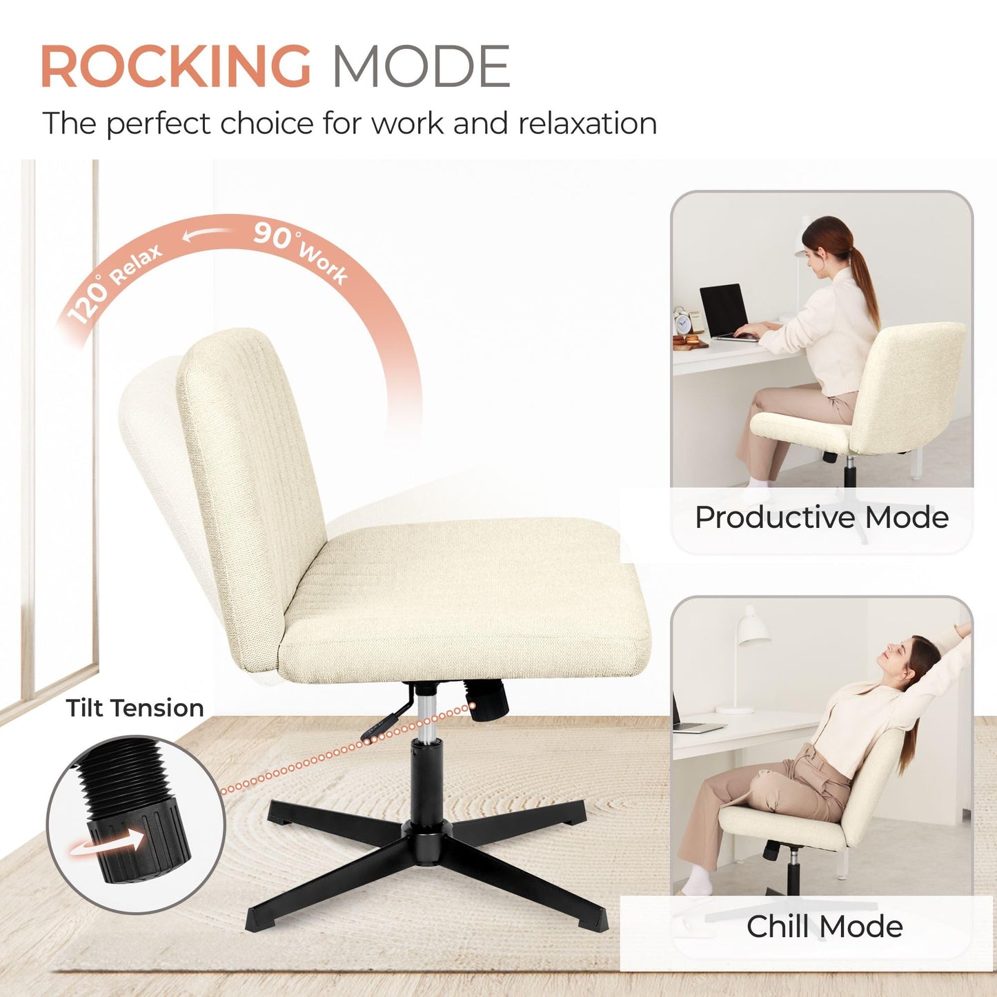 Orange Factory Criss Cross Chair No Wheel Wide Cross Legged Office Desk Vanity Chair Comfy Fabric Armless Adjustable Swivel for Home Computer Task (Beige No Wheel, Classic Fabric)