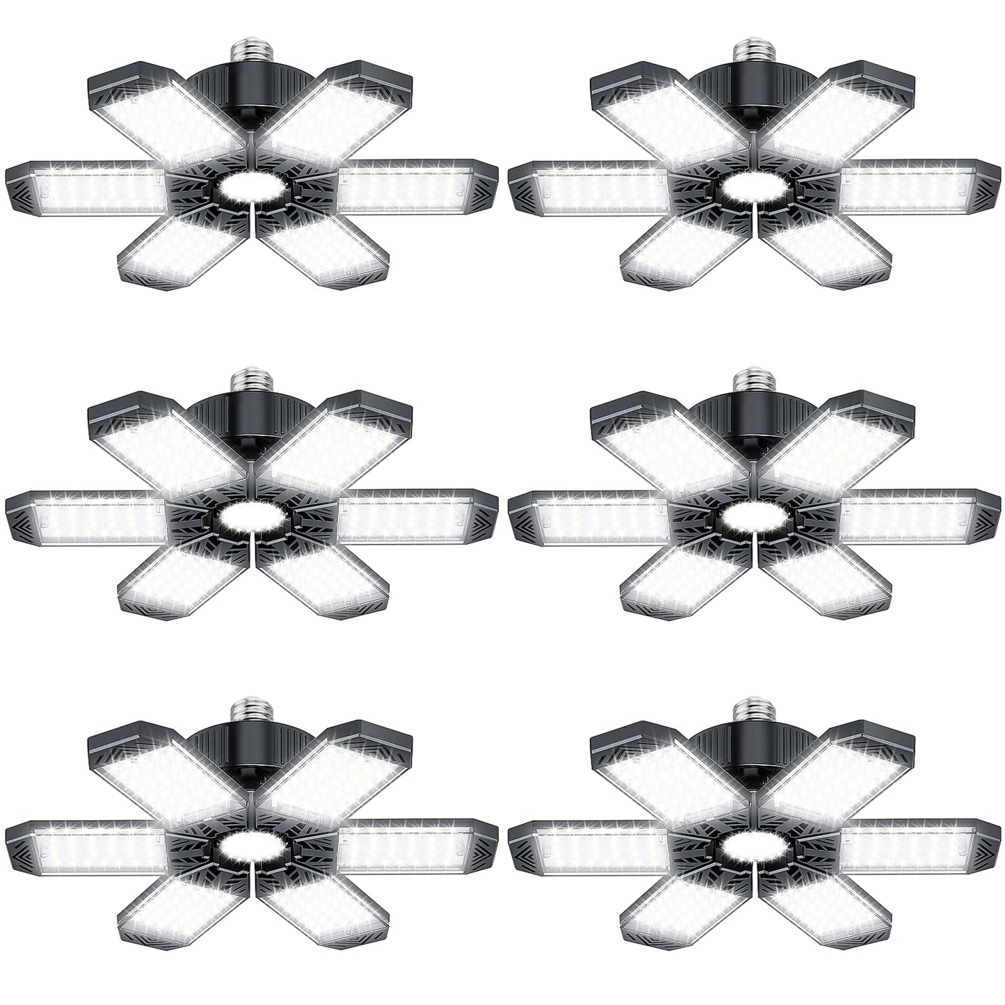 XINGHUANLIT Garage Lights 6 Pack - 200W 20000LM Garage Lights Ceiling LED 6500K, Screw in Shop Lighting with 6+1 Adjustable Panels for E26/E27 Bulb Socket, for Workshop Basement Barn