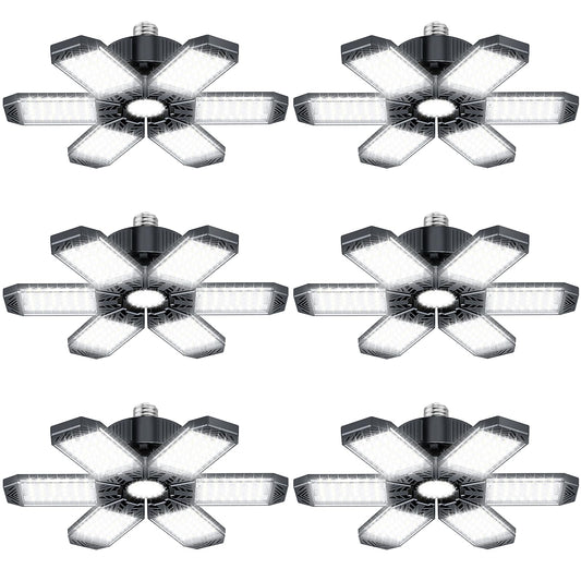 XINGHUANLIT Garage Lights 6 Pack - 200W 20000LM Garage Lights Ceiling LED 6500K, Screw in Shop Lighting with 6+1 Adjustable Panels for E26/E27 Bulb Socket, for Workshop Basement Barn