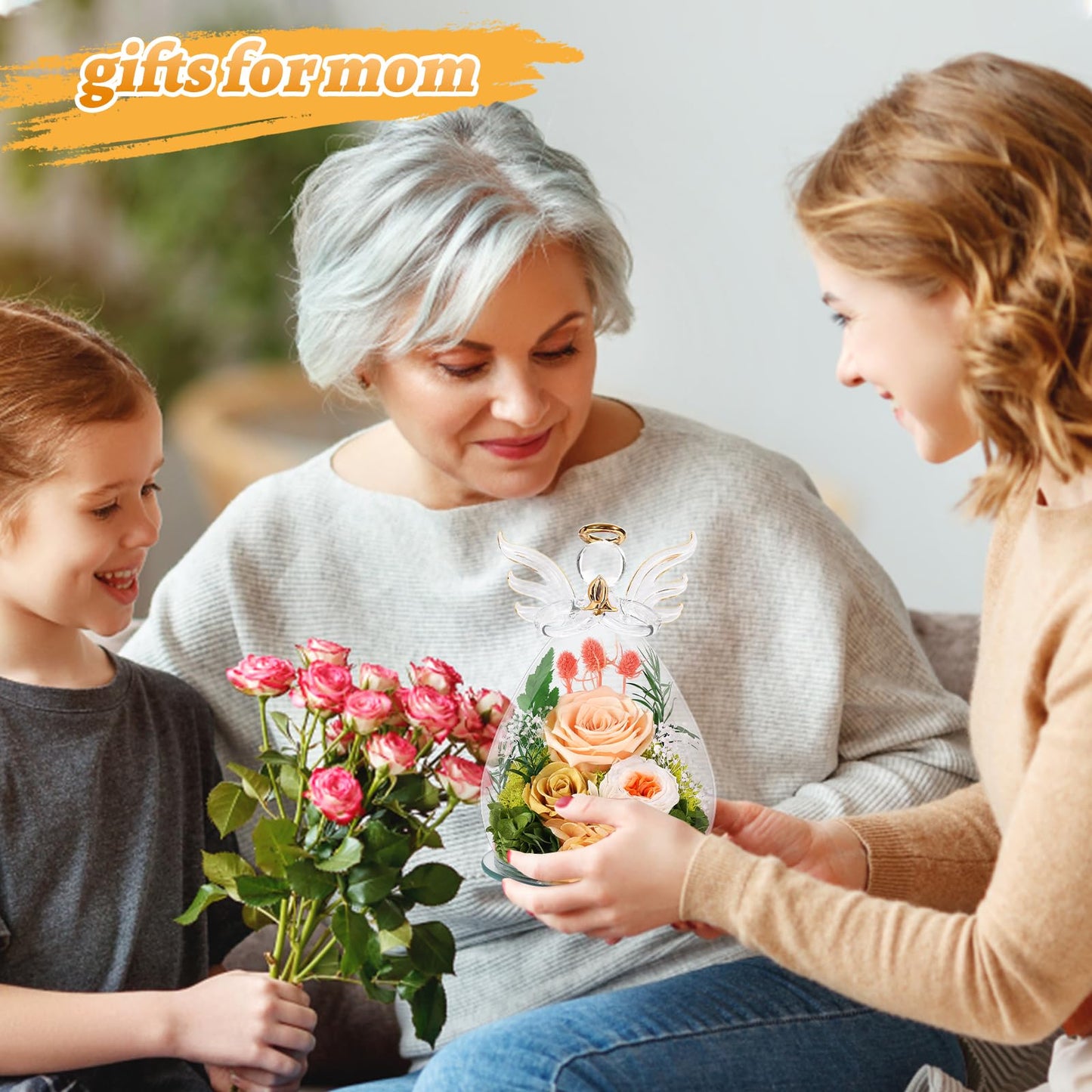 Bessol Gifts for Women Birthday Gifts for Mom Flowers for Delivery Fresh Eternal Preserved Rose Forever Flower in Glass Angel Figurines Gift Anniversary for Grandma Wife Sister Daughter Friends