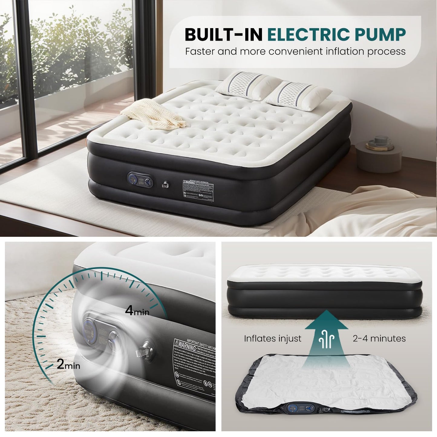 KMFurnila Queen Size Air Mattress with Built-in Pump, Inflatable Blow Up Mattress 18" Raised for Home, Camping & Guest, Portable Mattress 660 lbs Weight Capacity, Double Height & Non-Slip Bottom