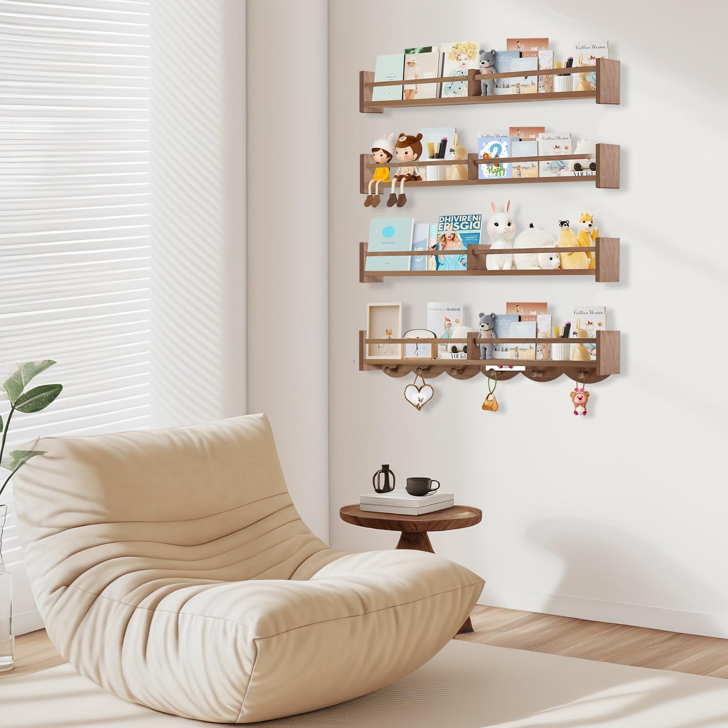 Dixryaus 34Inch Nursery Book Shelves Wall Mounted, Floating Book Shelf for Kids Coat Rack with 6 Hooks, Wall Hanging Shelf for Baby Nursery Room Organizer ，Patent Number:US-D1058229-S(4, Light Brown)