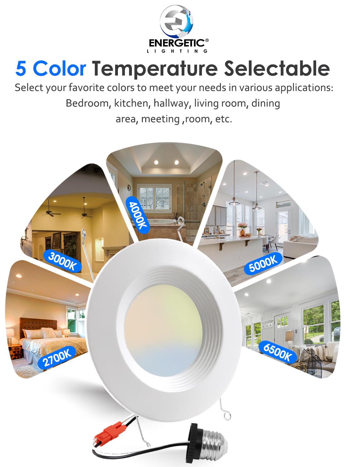 12 Pack 5/6 Inch 5CCT LED Recessed Light Retrofit, 2700K/3000K/4000K/5000K/6500K Selectable Downlight, Dimmable Can Lights with Metal Baffle Trim, CRI 90, 10.5W=85W, E26 Base, IC & Wet Rated, ETL&FCC