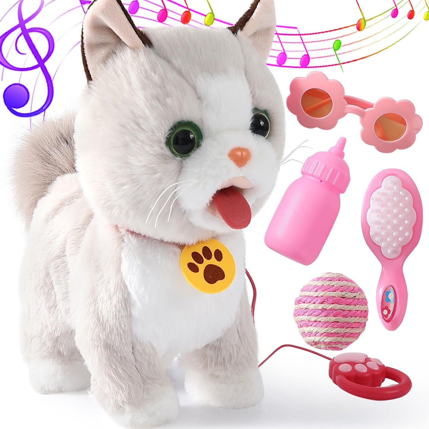 Walking Cat Set Interactive Talking Cat Toy Kitten Repeat What You Say Robot Cat Toy for Girl Singing Dancing Touch Control Cat with Leash Wagging Tail Nodding Plush Electric Ragdoll Kitty Cat for Kid