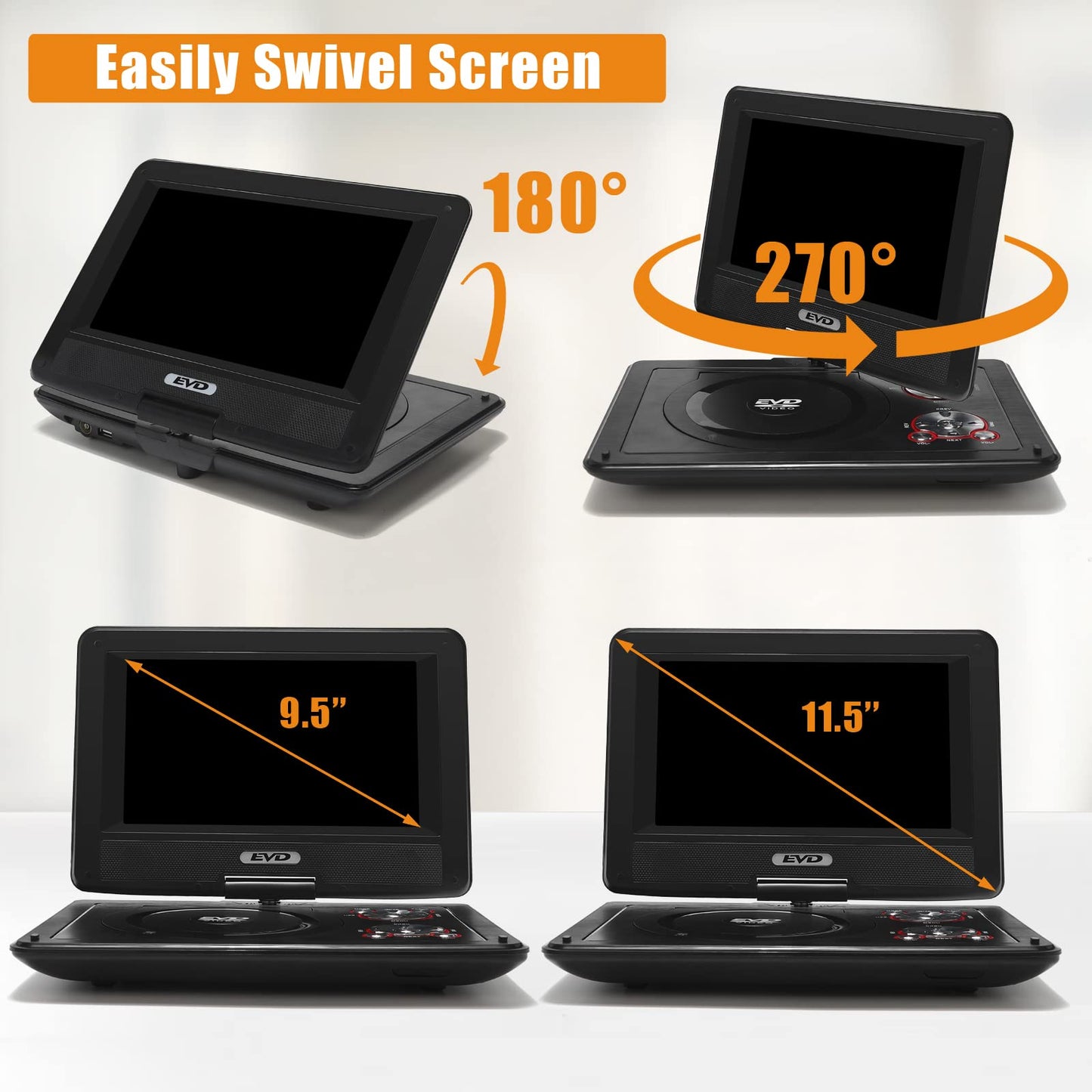 11.5" Portable DVD Player with 9.5" Swivel Screen, 5-Hours Rechargeable Battery,Car DVD Player,Support CD/DVD/SD Card/USB,Regions Free,Dual Speakers, Black…