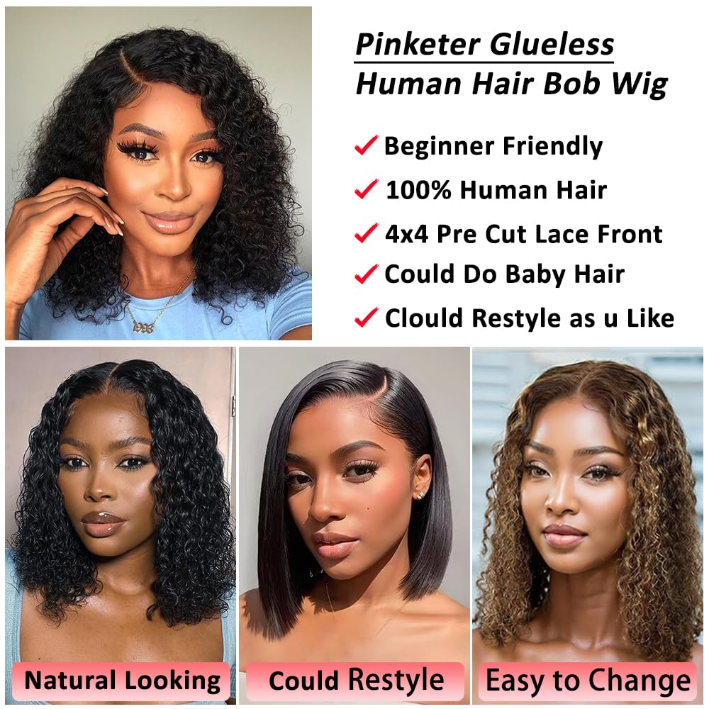 Wear and Go Bob Wig Human Hair Deep Wave Glueless Wigs Pre Plucked Pre Cut 4x4 Lace Closure 180% Density Ready to Wear Bob Wigs for Black Women Beginner Friendly (Curly Bob Wig, 12inch)