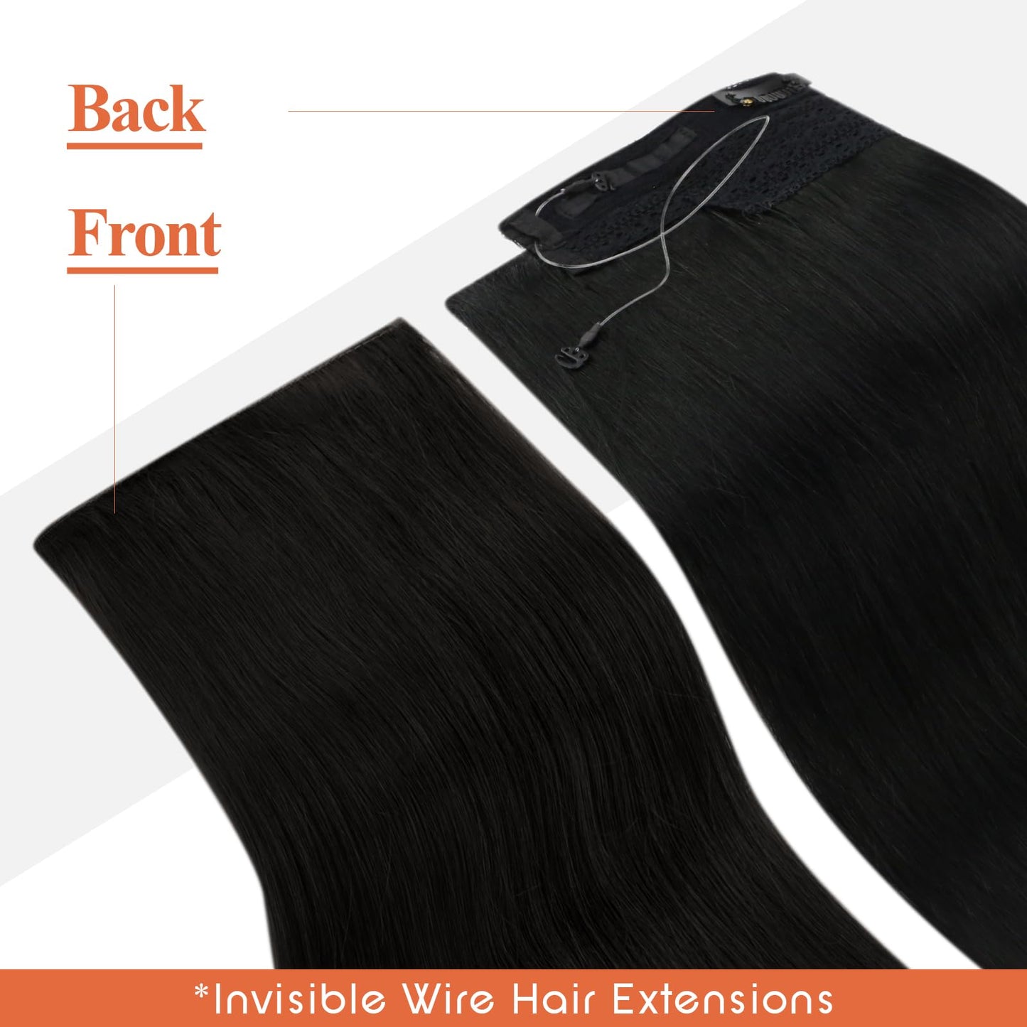Sunny Wire Hair Extensions Real Human Hair Fish Line Human Hair Extensions Invisible Wire Extensions Jet Black #1 12 Inch