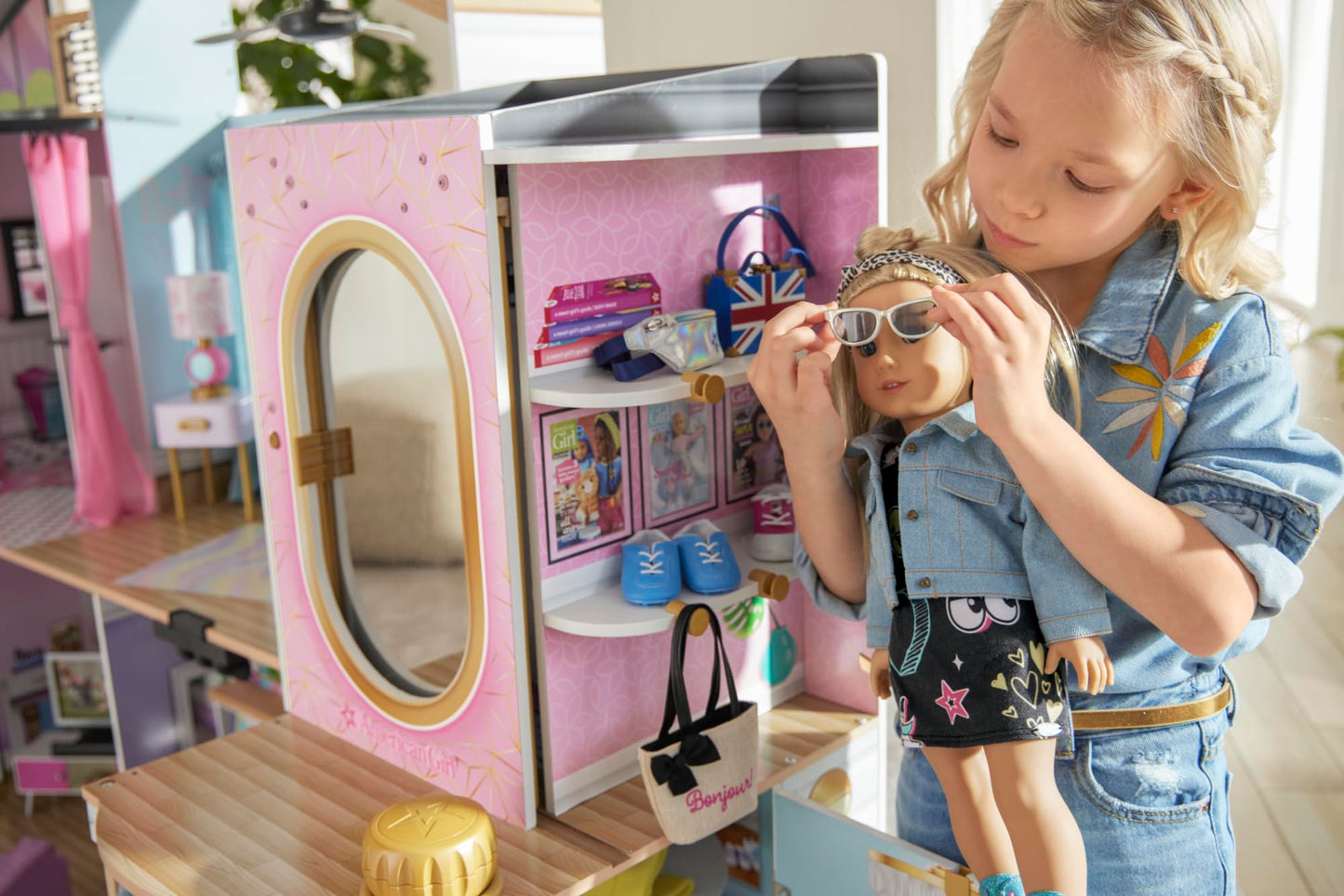 American Girl Truly Me 18-inch Doll Accessories Jean Jacket, Printed Purse, and Leopard-Print Headband, For Ages 6+
