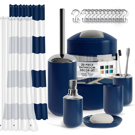 Clara Clark Bathroom Set - Navy Bathroom Accessories Set, 20PC Bathroom Accessory Set, Shower Curtain Set with Liner, Toothbrush Holder, Soap Dispenser, Soap Dish, Toilet Brush Holder, and Trash Can