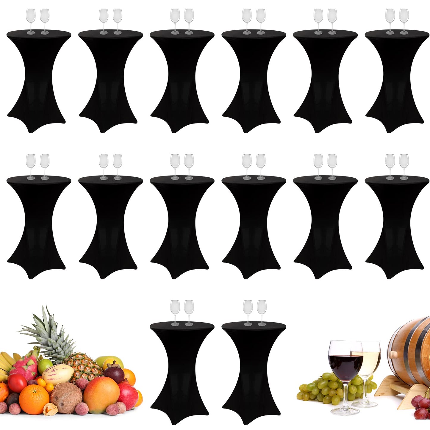 Linyuthia Spandex Cocktail Table Cover Bulk 24 x 43 Inch Round Highboy Stretch Bistro Tablecloths Fitted Corner High Top Clothes for Weddings Banquet Birthday Party(Black,14 Pack)