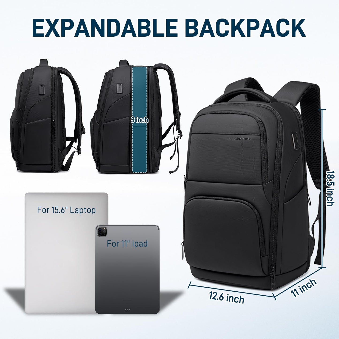 FENRUIEN Expanded Laptop Backpack for Men, TSA-Friendly Travel Backpack with USB Charging Port, Anti-Theft Business Work Pack, Water-Resistant Fits 15.6”Laptop for Weekender