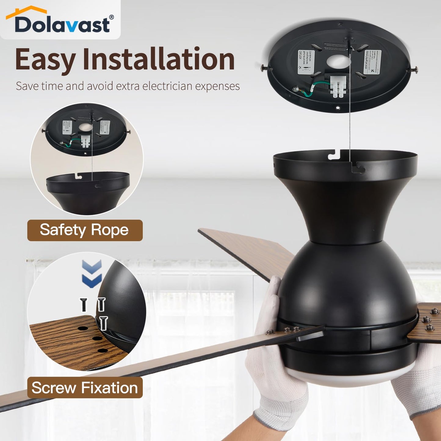 Dolavast Ceiling Fans with Lights, 48 inch Low Profile Ceiling Fan with Light and Remote Control, Flush Mount, Reversible, 3CCT, Dimmable LED, Noiseless, Black Ceiling Fan for Bedroom, Dining Room