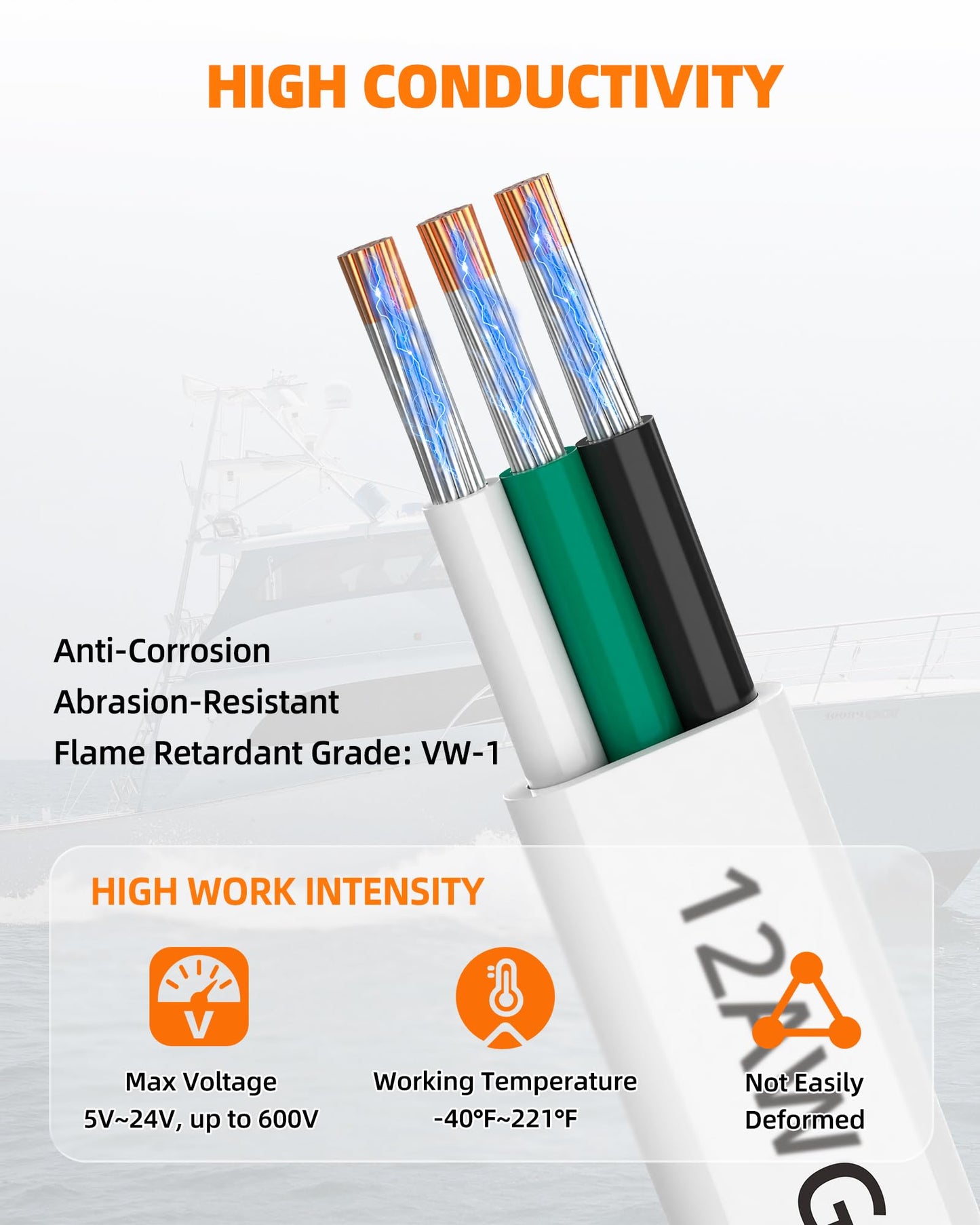CONEPY 12 Gauge Marine Wire, 12/3 Triplex Marine Grade Cable, IP68 Waterproof/Oxygen-Free Tinned Copper Stranded PVC 12 AWG Wire for Boat, Automotive, RV, Solar, LED Strips (50FT/15M)