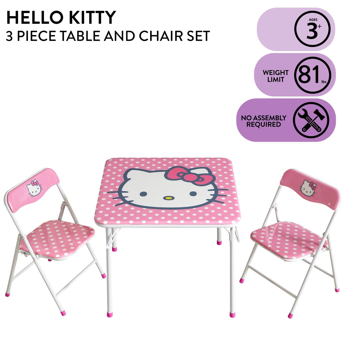 Hello Kitty Kids Activity Table and Chair Set, 3-Piece Square Table with 2 Folding Chairs, Sanrio Character Design,Furniture Set for Ages 3+