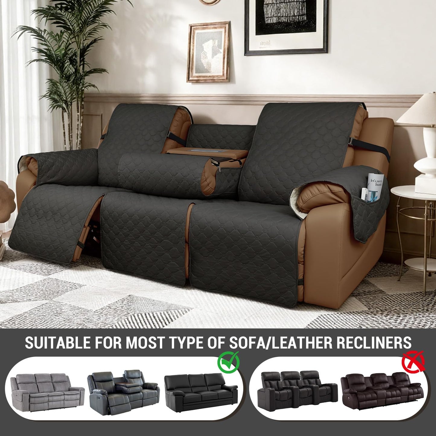 Rwoyno Waterproof Recliner Sofa Covers with Flipped Middle Backrest Washable Recliner Couch Covers Non-Slip with Elastic Straps Furniture Protector for Kid Dogs Pets (Dark Grey)