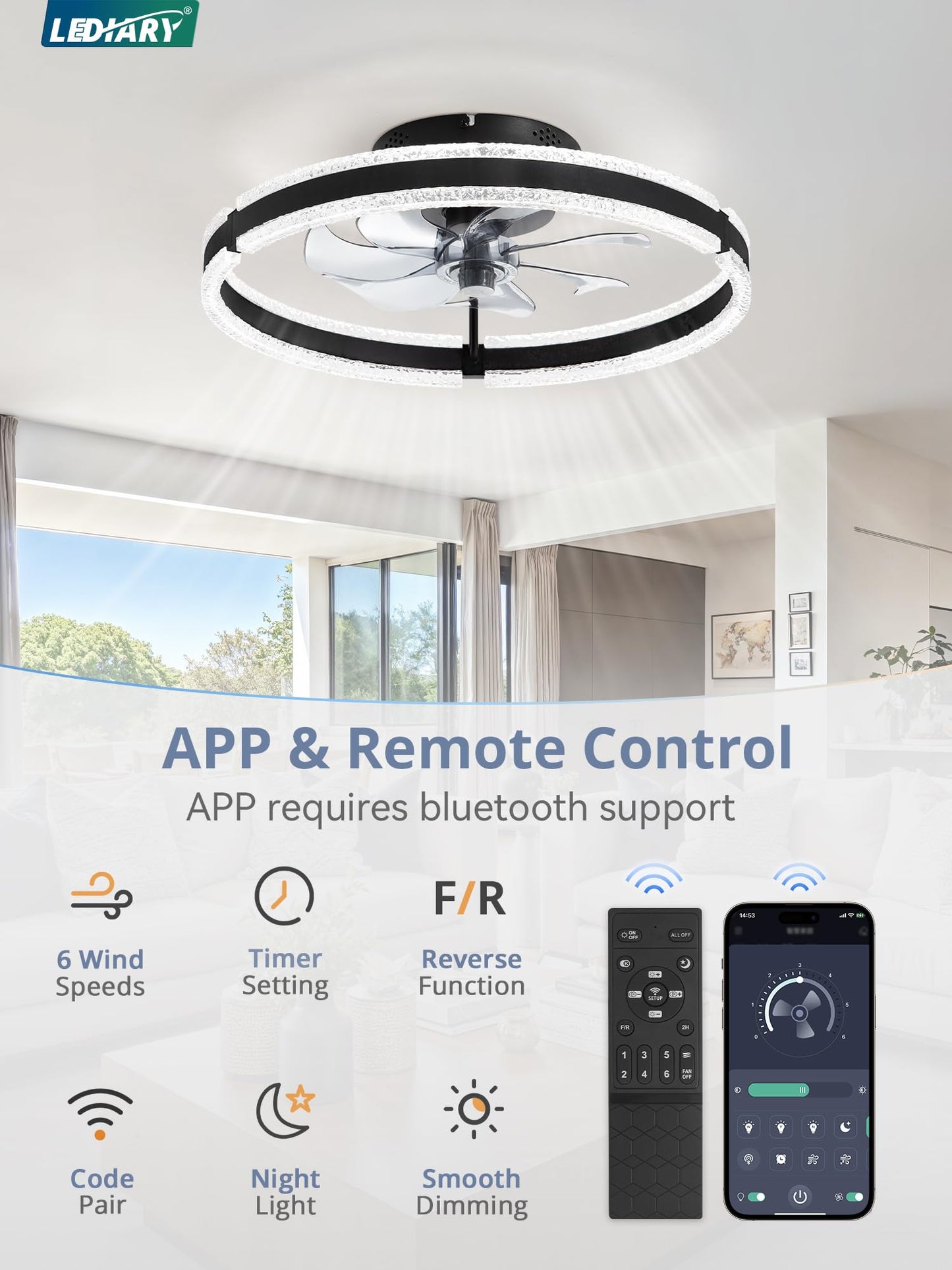 LEDIARY Ceiling Fans with Lights and Remote, 20'' Low Profile Ceiling Fan with Light, 3000-6000K Dimmable Fandelier Ceiling Fans, Modern Flush Mount Fan Light for Bedroom with 6 Wind Speeds- Black