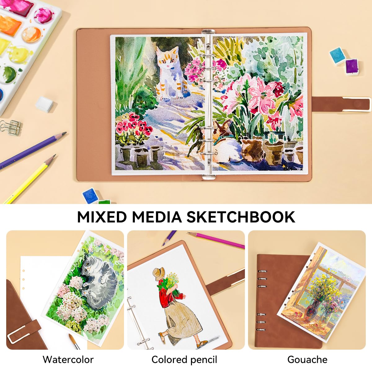 Lightwish Watercolor Sketchbook,100% Cotton Acid Free Watercolor Journal,300gsm/140lb Cold Press Watercolor Paper for Artists,Adults,Students,20 Sheets,9.25 * 6.3 Inches