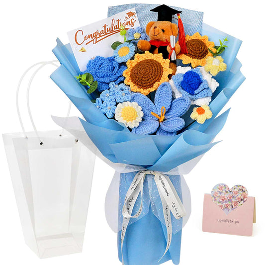 Crochet Graduation Flowers Bouquet, Handmade Graduation Bouquet for Class of 2026 Gift, Ideas for Congrats Grad Gifts, Teacher Appreciation Gifts, Christmas, Birthday, Graduation Gift (Large-Blue)