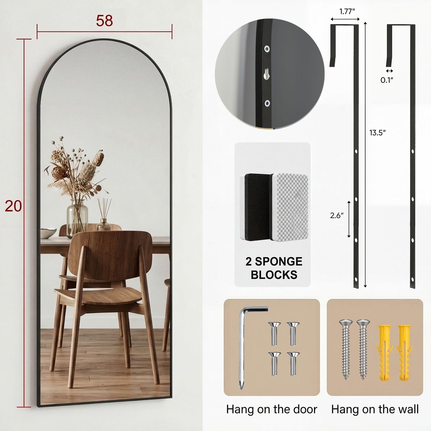 Furnbar 58"x20" Arched Full Length Door Mirror, Over-the-Door Hanging, Floor Standing, Wall Mounted or Leaning, Metal Frame Body Mirror for Bedroom, Living Room, Closet, Dorm, Black