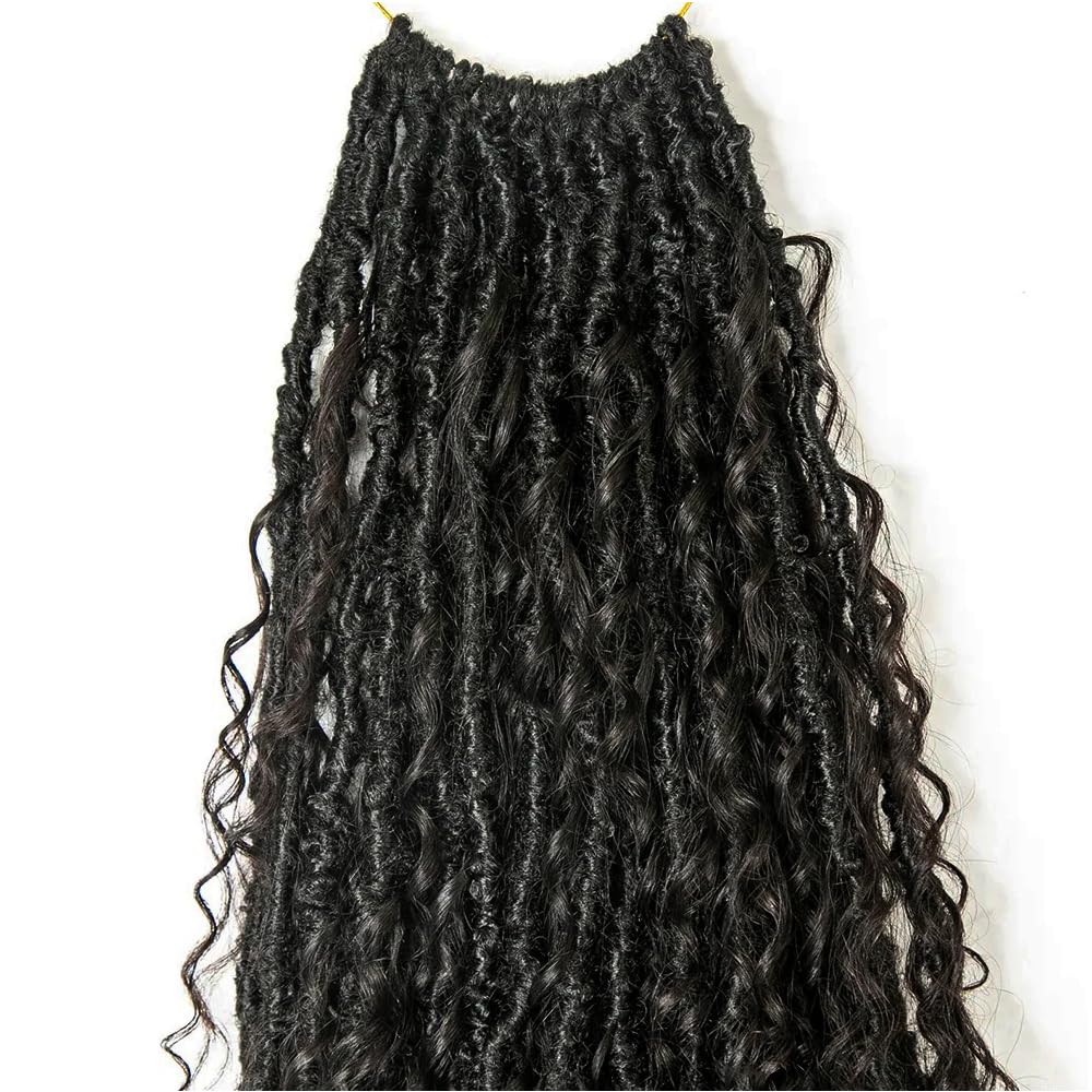 Pre-looped Crochet Locs with Human Hair Curls Dreadlocks Hair With Curly Human Hair End Soft Messy Boho Faux Locs for Women 26inch 24 Locs
