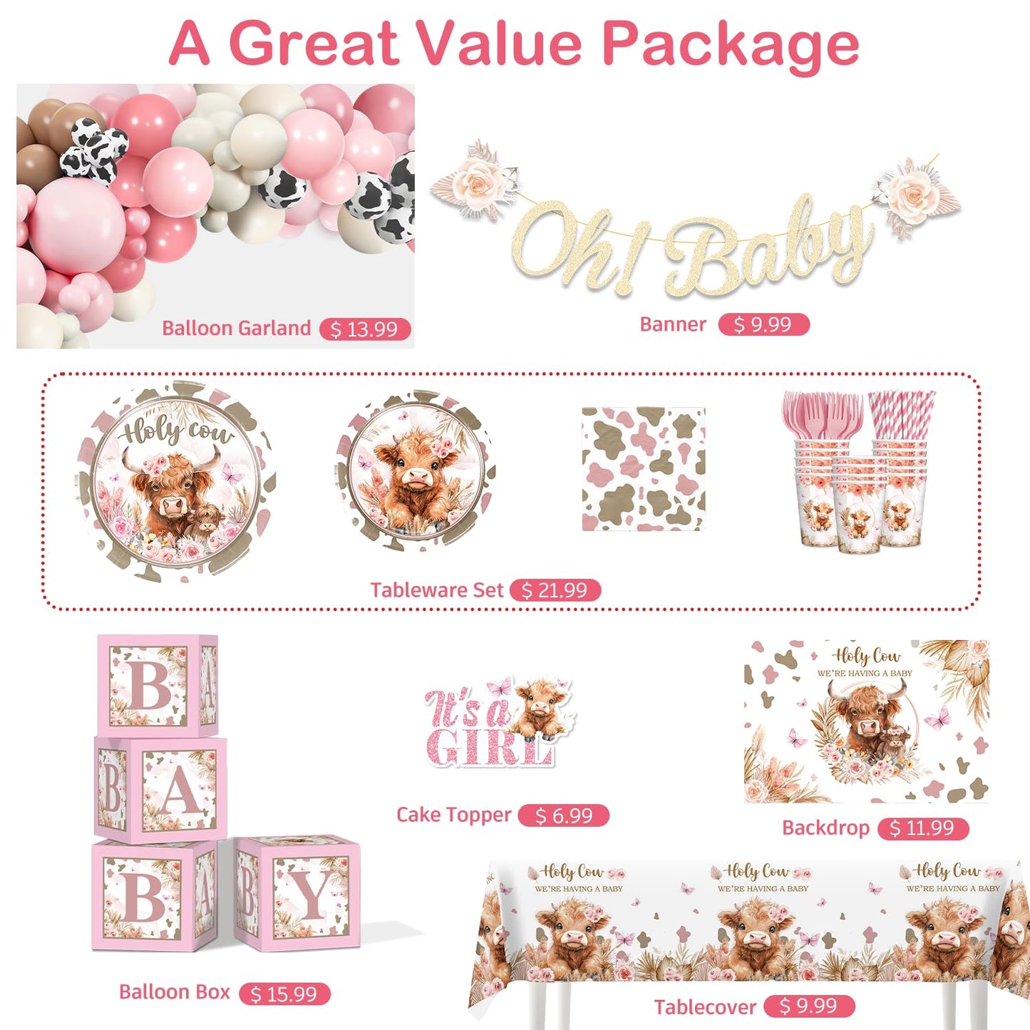 Highland Cow Baby Shower Decorations, Complete Pink Baby Shower Decorations, Holy Cow We're Having a Baby Banner Balloons Backdrop Paper Plates and Napkins Decor