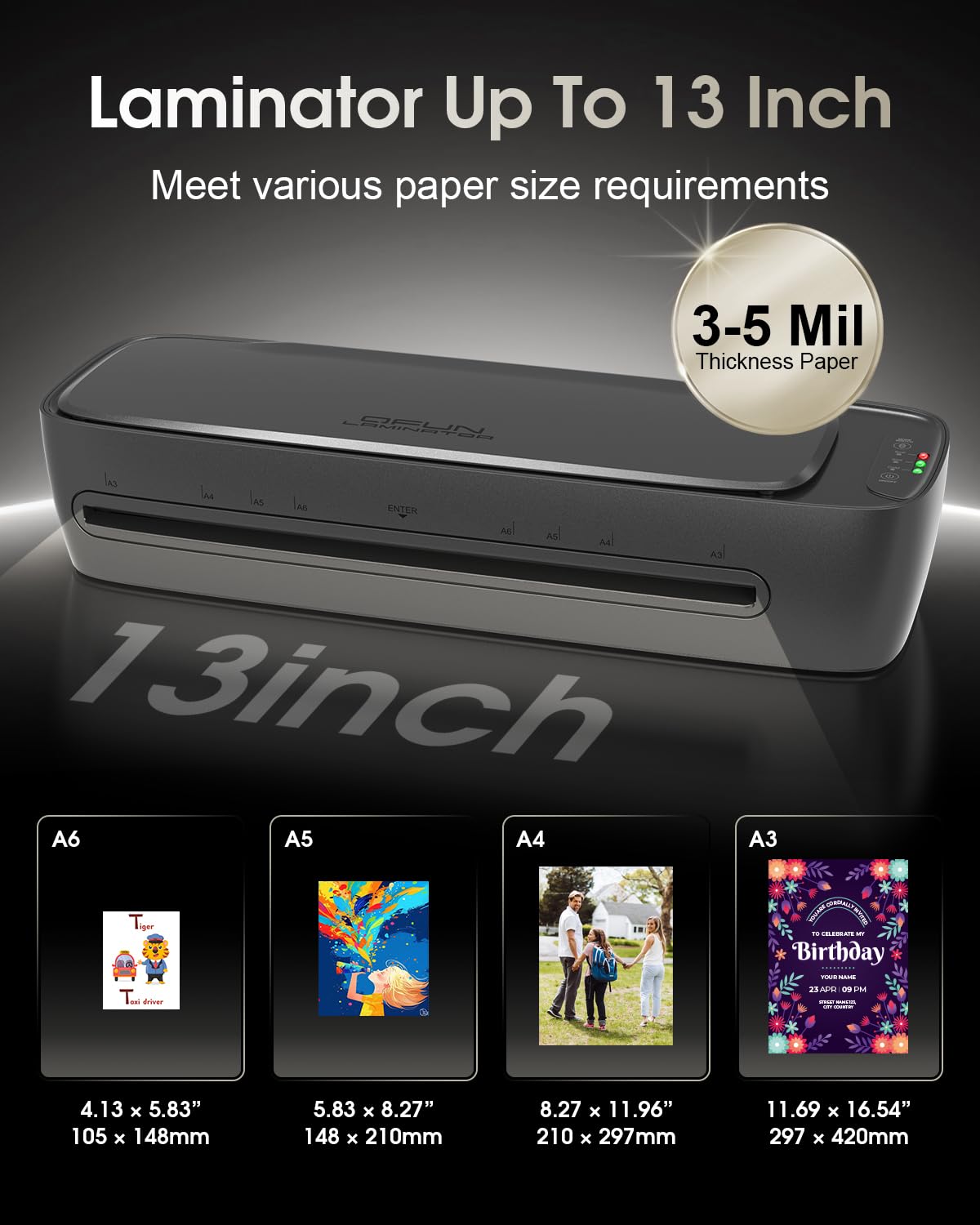 Qfun Laminator Machine 13 Inch Thermal Laminating machine 11x17 with Sheets, Cold Hot Lamination Machine 60S Warm Up Personal Laminator for Teachers, Large A3 Paper Laminate Kit for Office School Home