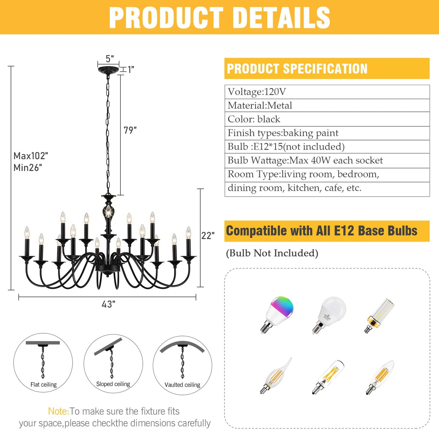 15 Light Black Farmhouse Chandelier | Large Chandeliers for Dining Room Light Fixtures Over Table | Vintage Candle Hanging Lighting for Living Room | Foyer | Staircase | Restaurant | Villa