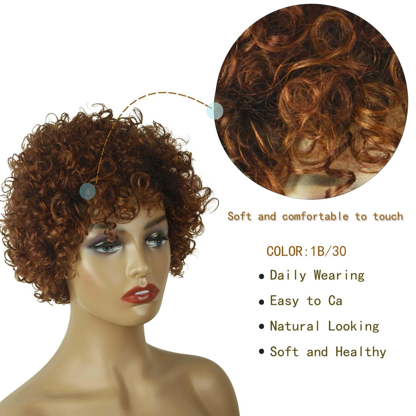 Short Human Hair Wig for Women of Color - Black to Ombre Brown Curls with Bangs - Non-Slip & Easy to Wear