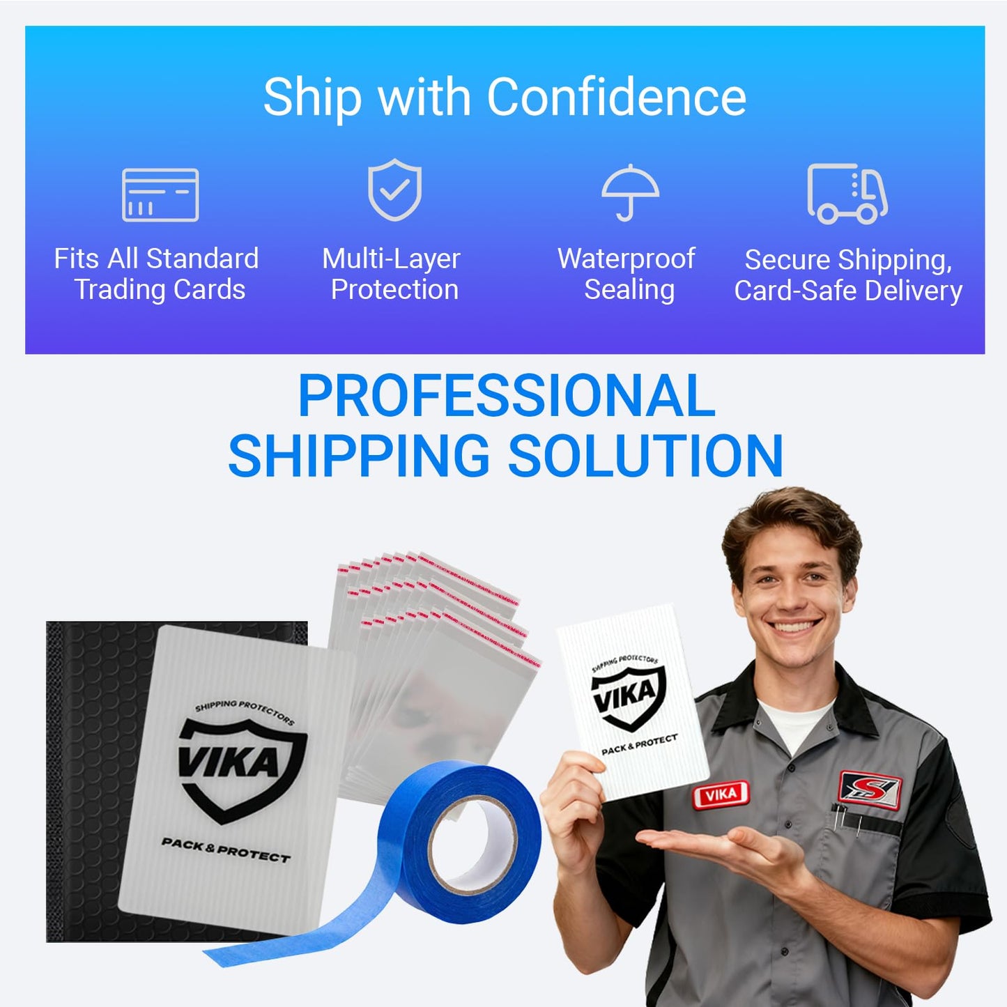 VIKA Trading Card Shipping Kit - 100 Pcs 4''x6'' Trading Card Shipping Protectors, 50 Pcs 6''x8.7'' Envelope Bubble Mailers, 20M Painter’s Tape, 50 Cellophane Bags, Fits PSA/BGS/CGC Slabs, Raw Cards