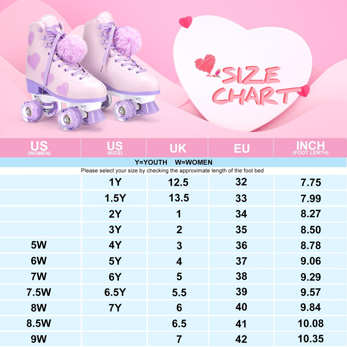 Ruthfot Women's and Girl's Classic Roller Skates with Light up Wheels and Love Heart Pattern, High-top PU Leather Rollerskates…
