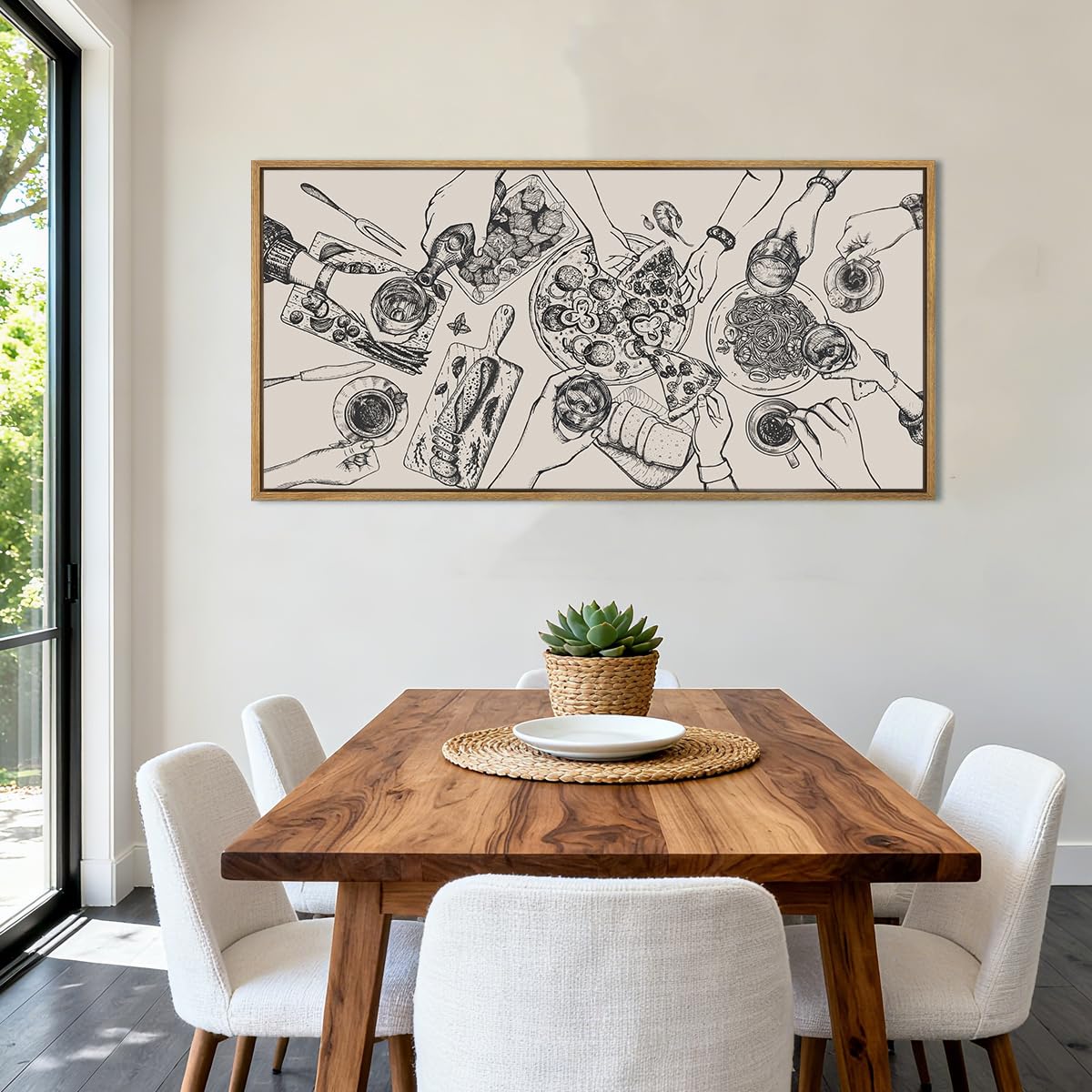 BINCUE Large Framed Wall Art Food and Drink Canvas Wall Decor Pizza Cheers Sketch Painting Retro Canvas Wall Art for Kitchen Dining Room Restaurant Used for Gatherings Decor