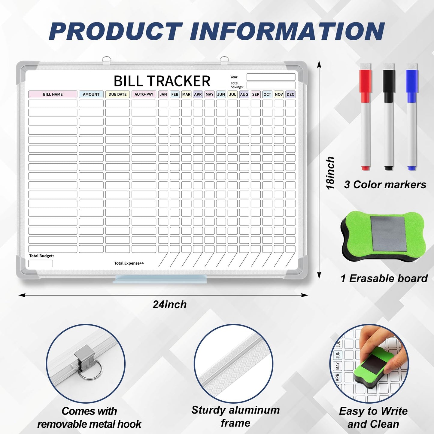 Feifeiya 24 x 18 Inch Monthly Bill Payment Tracker Whiteboard, Magnetic Dry Erase Budget Organizer, Aluminum Frame Wall Planner for Manage Personal Finance 12 Month(Classic)