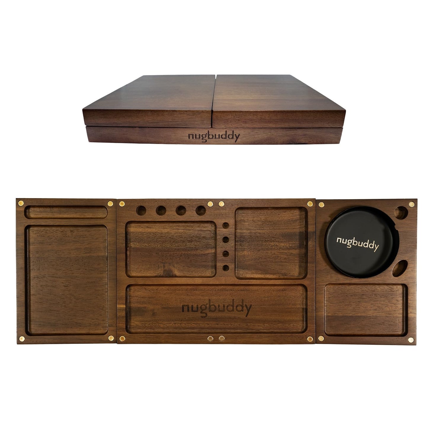 Nugbuddy Wooden Rolling Tray | 3 in 1 Folding Design Set w Magnetic Lid | Big & Small Trays + Removable Metal Tray | Portable Accessory Kit for Car Travel & Home | Premium Acacia Wood