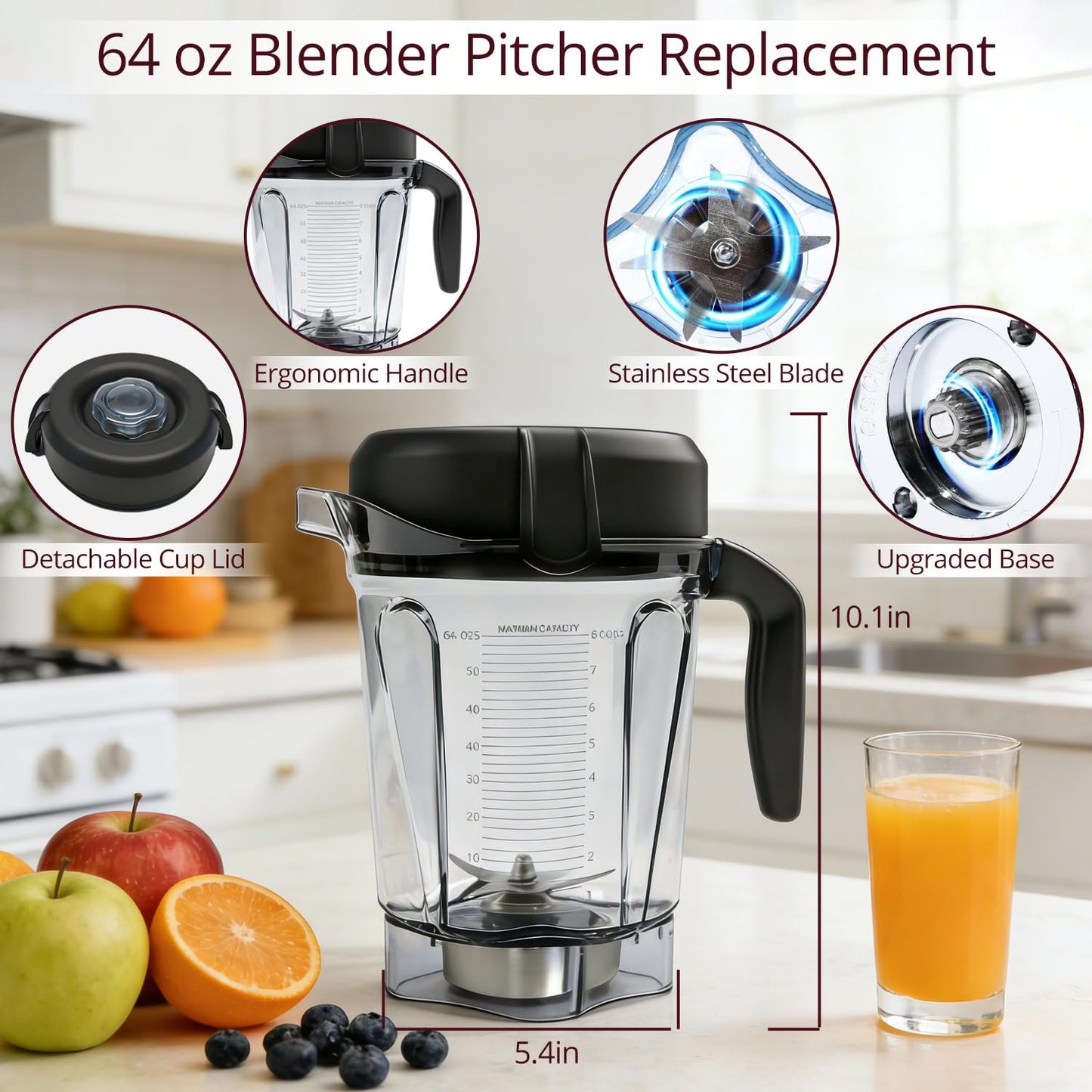 64oz Low-Profile Blender Pitcher Container, Compatible with Vitamix 5200 750 7500 6300 VM0102 VM0103 VM0197 E310 Classic/Explorian/Commercial Series, BPA-Free, Replacement Jar Cup