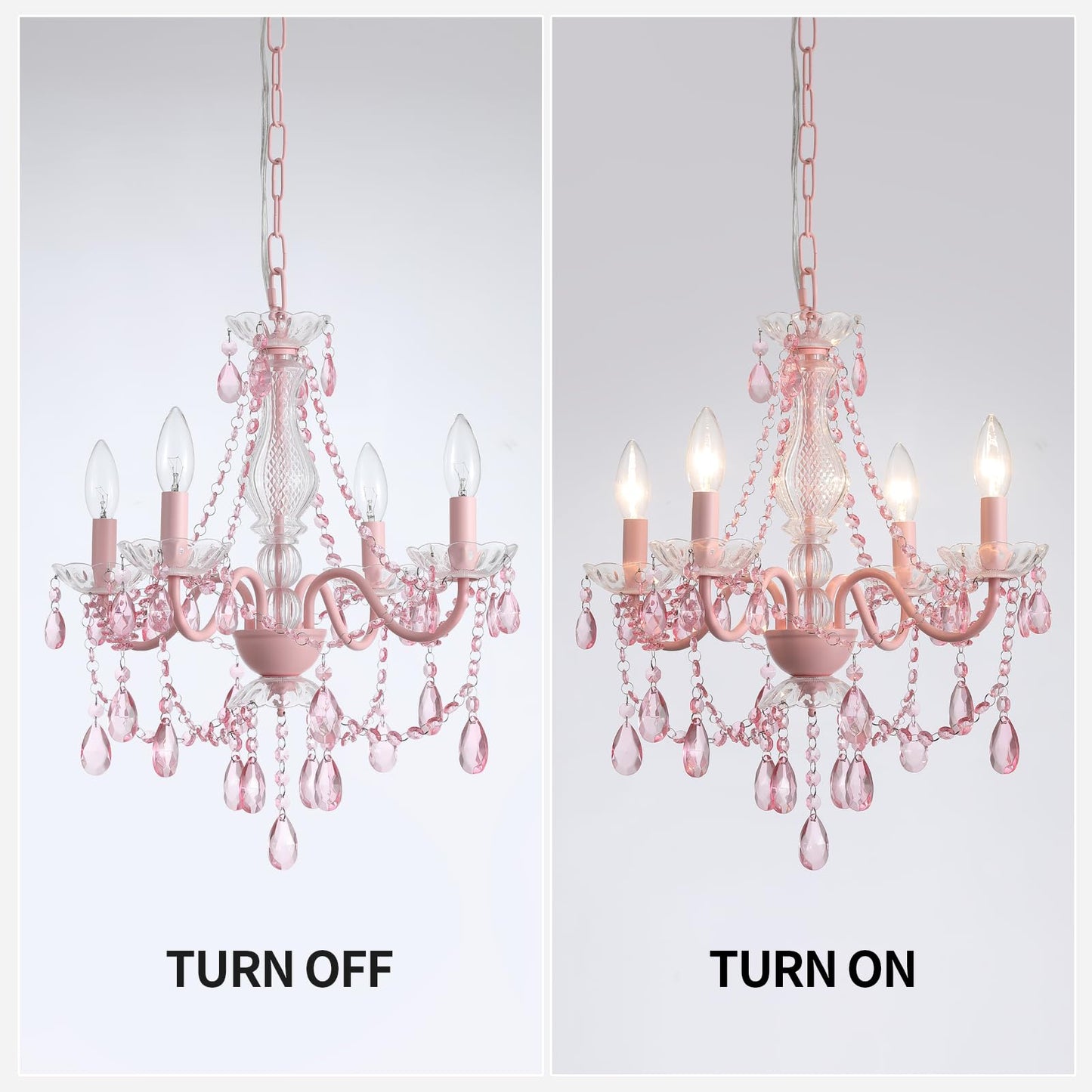 Plug in Crystal Pink Chandelier, Not acrylic Crystal,Mini 4 Lights for Girls Room,Pink Crystals Hanging Pendant Light with Clear Cord and On/Off, Chandelier for wedding, Kitchen, Dining,Foyer,Island