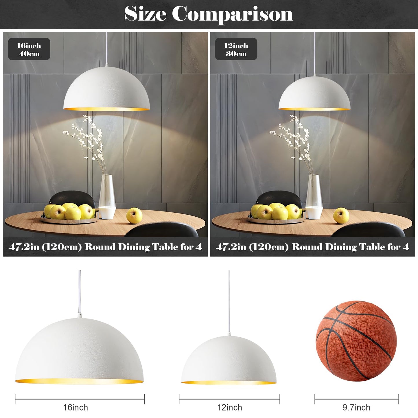 16” Large Dome Pendant Light Fixtures, White and Gold Hemispheric Pendant Lights Kitchen Island, Modern Adjustable Hanging Ceiling Light Chandelier for Kitchen Island Living Room Dining Room, 2 Pack