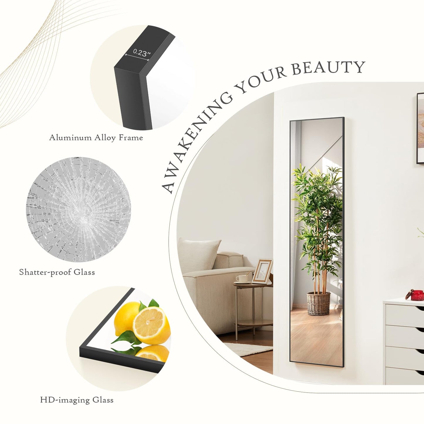 Aidoly Mirror Full Length, Upgraded 16"x59" Body Wall Mirrors with Shatter-Proof Glass, Floor Standing, Hanging or Leaning, Tall Mirror with Stand Aluminum Alloy Frame for Bedroom, Black