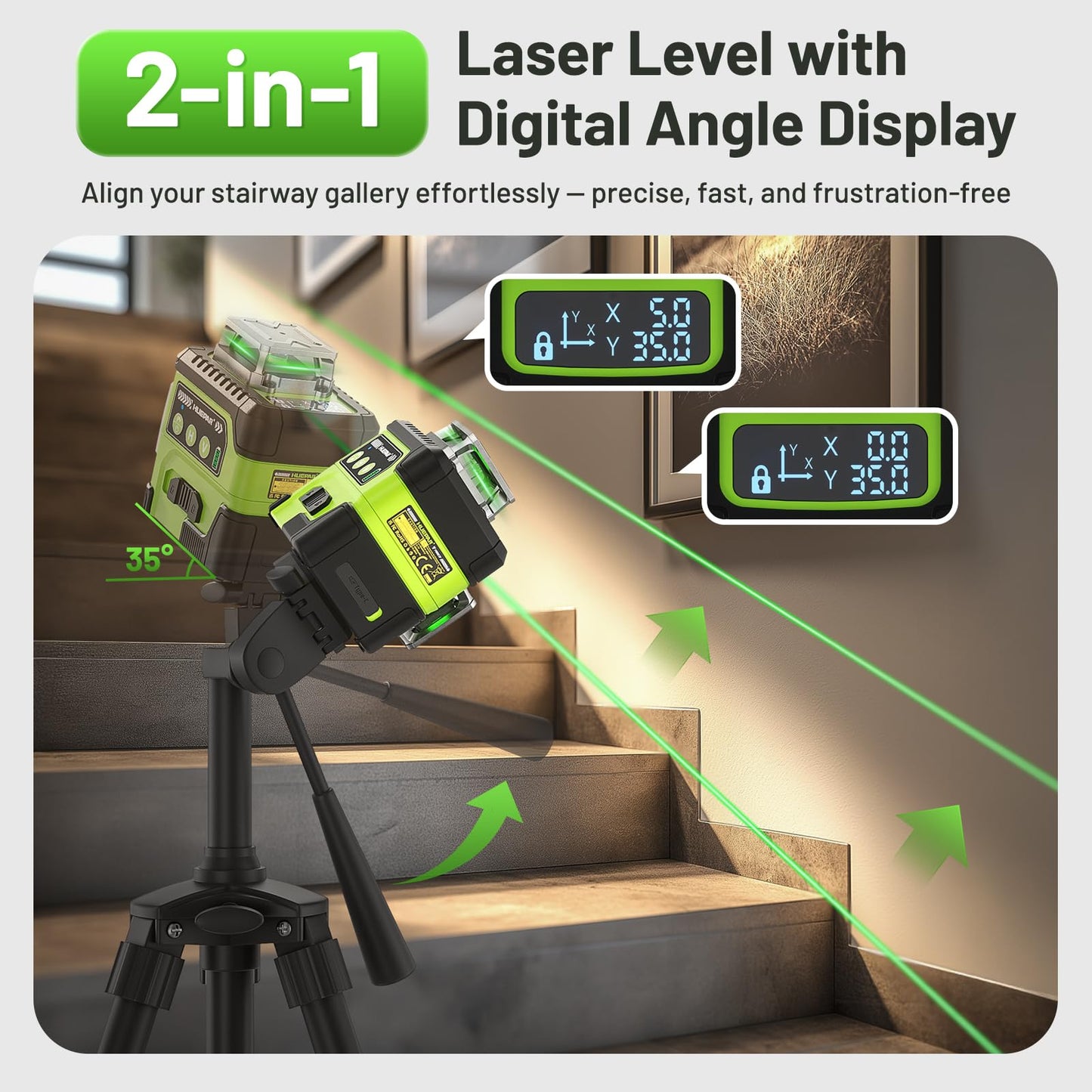Huepar Laser Level with Digital Angle Screen, 3 x 360° Self Leveling High Brightness 12 Green Cross Line Laser for Construction and Picture Hanging, 4000 mAh Rechargeable Battery & Hard Carry Case