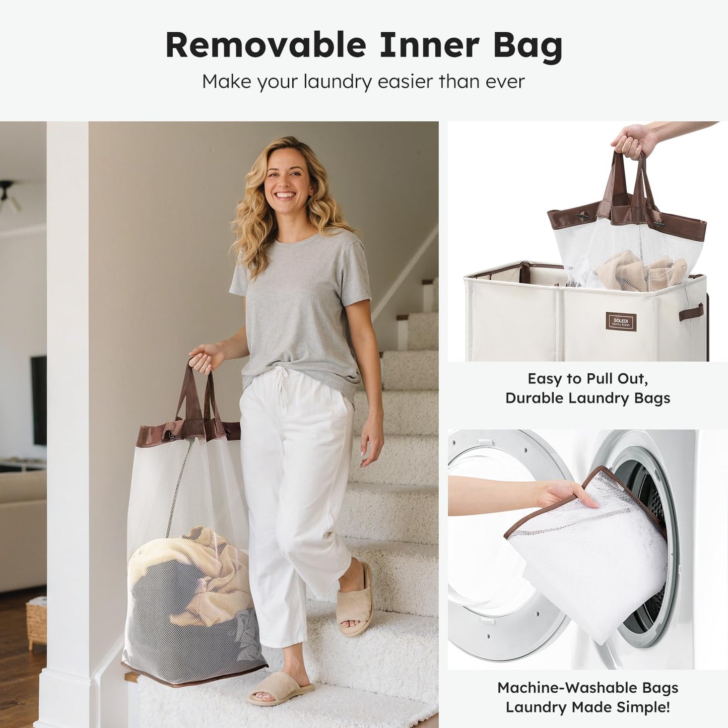 SOLEDI Double Laundry Hamper with Lid, 47.8 Gal (180L) Large Laundr Basket 2 Section with 2 Side Pockets, Dirty Clothes Hamper with Removable Bag, Easy to Carry for Laundry Room, Bedroom, Beige
