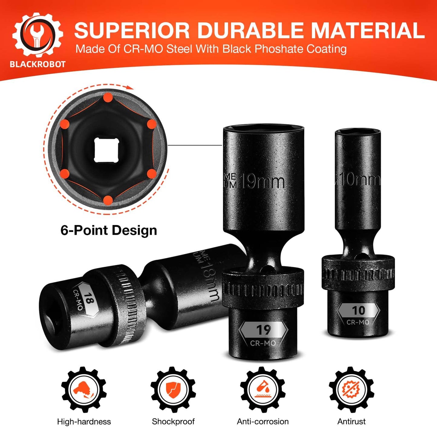 BLACKROBOT 3/8" Drive Swivel Socket Set, 14 Pieces Deep Universal Impact Socket Set, Metric(10-19mm) Flexible Wobble Socket Set, 6 Point, CR-MO, 3", 6" Extension Bars, Socket Adapter