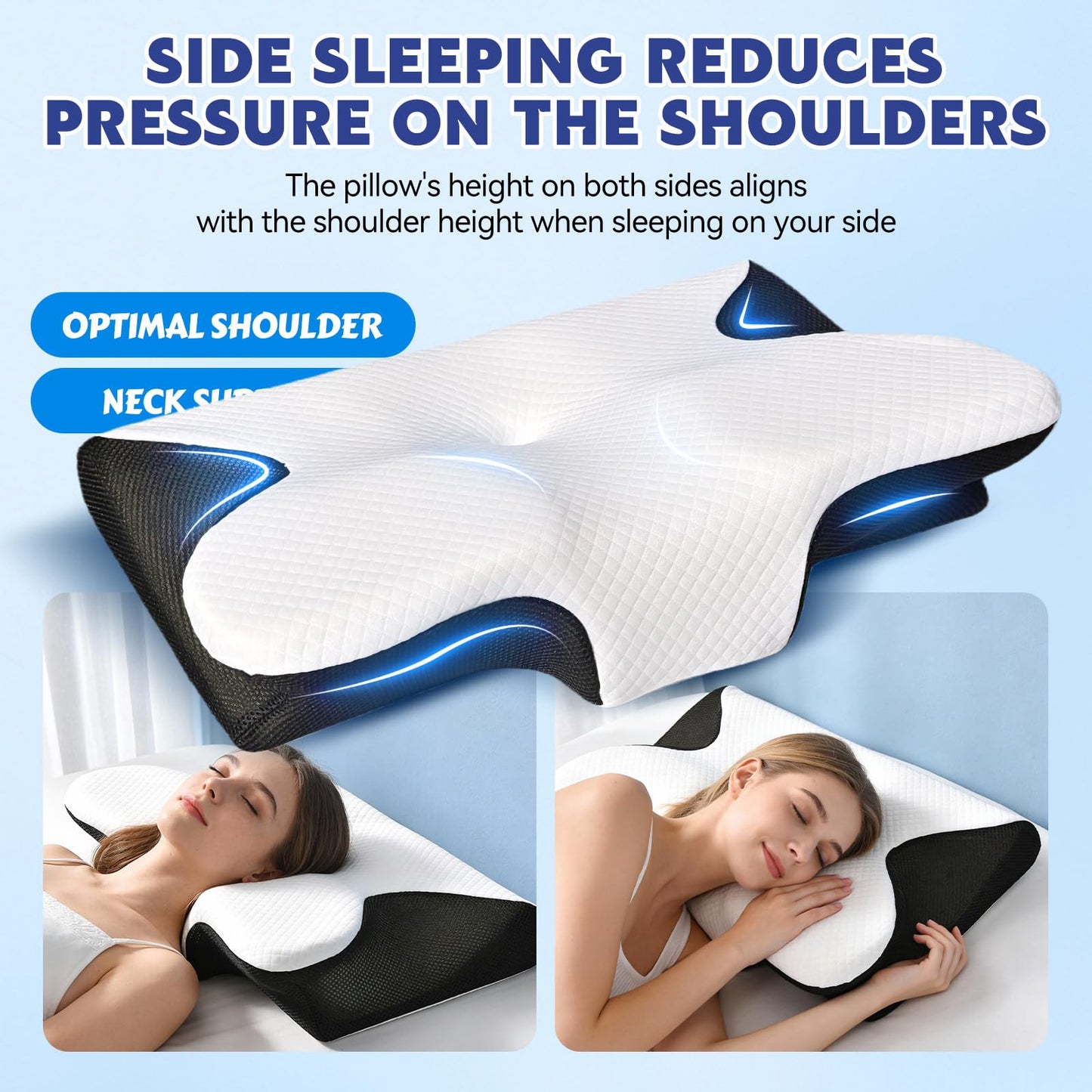 Keaolotay Cervical Neck Pillow, Contour Memory Foam Orthopedic Pillow, Double-Sided Neck Support Pillow for Neck Pain Relief, with Pillowcase for Back Side Stomach Sleepers(Black)