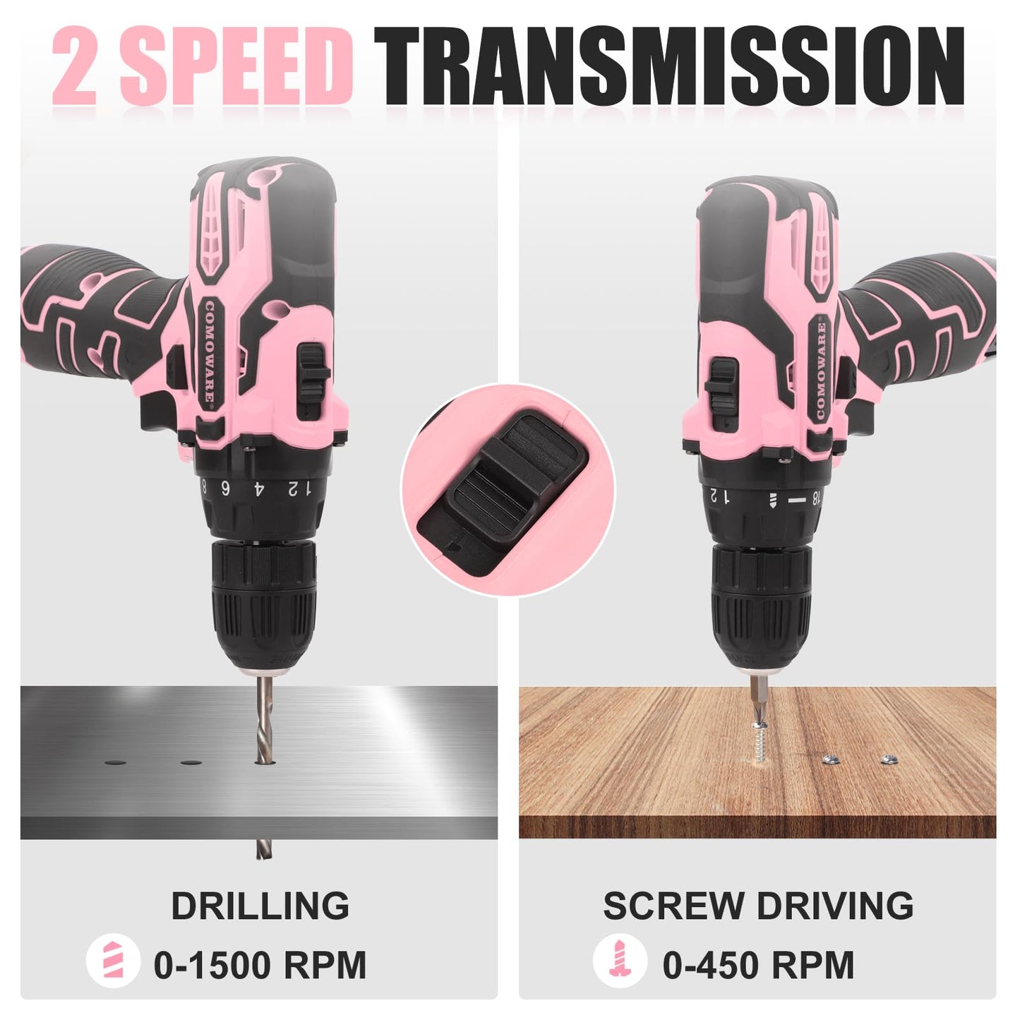 COMOWARE Pink Cordless Drill Set for Women, 12V Lightweight Electric Screwdriver with 3/8" Keyless Chuck, 1.5Ah Battery - Portable Power Drill Kit with Pink Tool Bag for Home DIY Projects