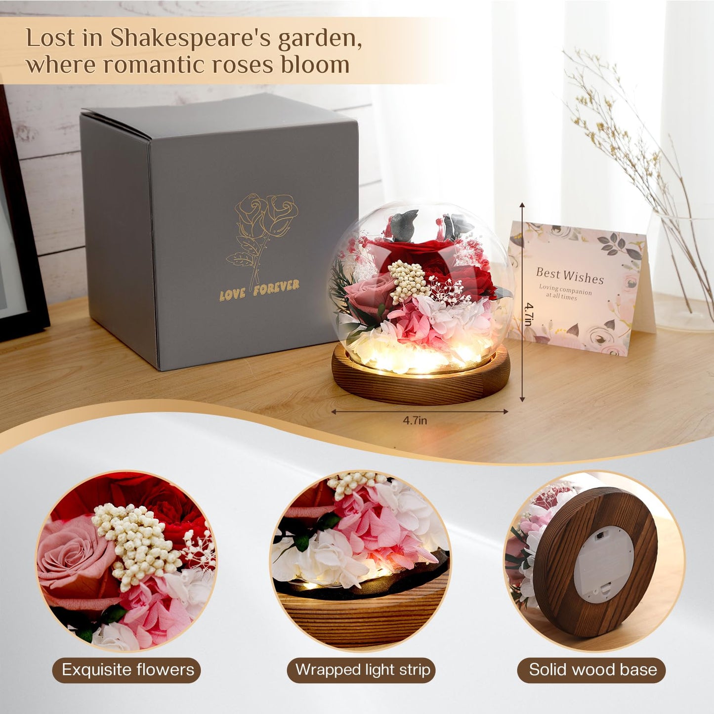 Eyesofspring Preserved Flowers,Rose in Glass Dome with LED Light,Mother's Day Present, Gifts for Girls, Women, Mom,Grandma,Girlfriend, Wife- Style1