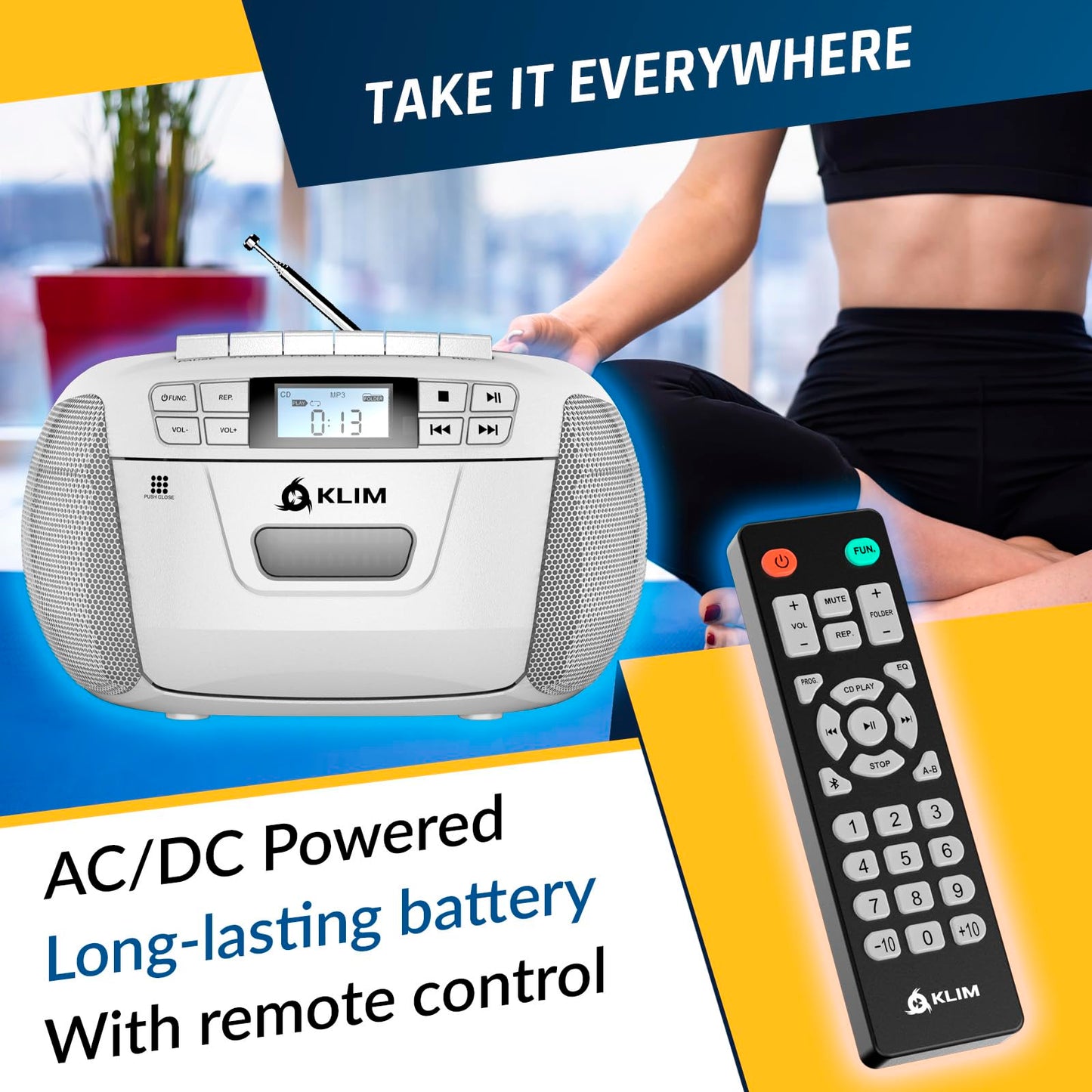 KLIM CD Player & Cassette Tape Player, Bluetooth Boombox, AM/FM Radio, Stereo Sound, Remote, CD and Cassette Combo, Tape Recording, USB Drive, AUX, AC/DC Powered - White